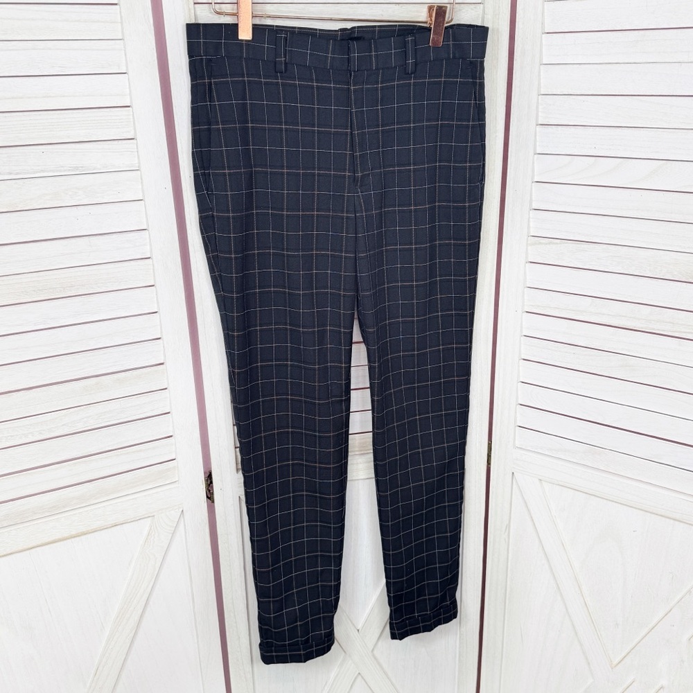 H&M Windowpane Plaid Cuff Hem‎ Skinny Fit Trouser Pants Blue Tan Size 29